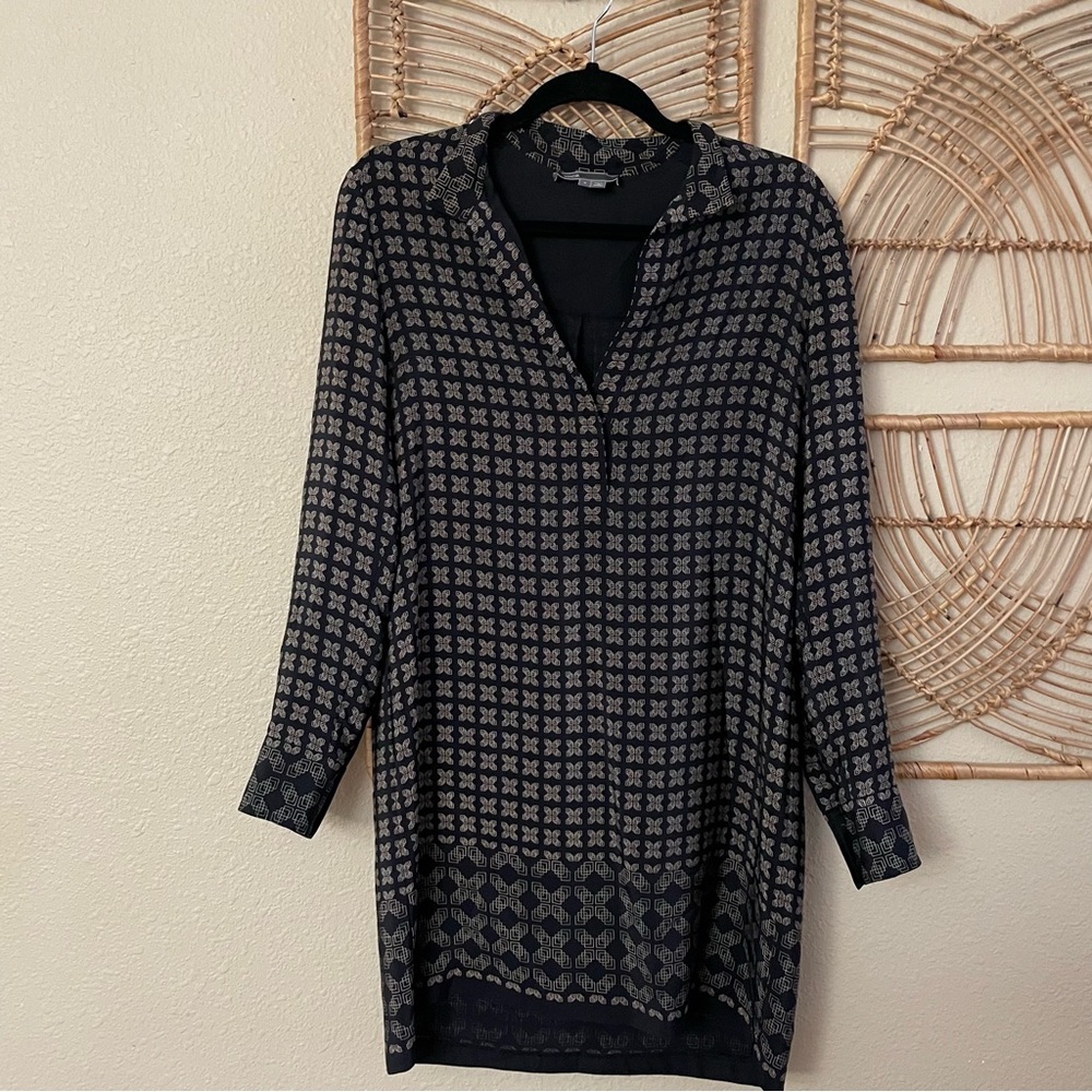 Vince Womens 100% Silk Shift Tunic Dress Long Sleeve Geometric Print Sz‎ 2 B29